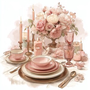 May include: A beautifully arranged table setting in shades of pink and gold. The image showcases a floral display, lit candles, and delicate pink tableware. The arrangement includes plates, bowls, teacups, and glassware, creating an elegant atmosphere.