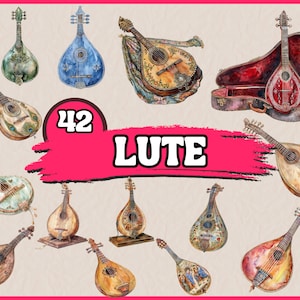 May include: A collection of 42 watercolor illustrations of lutes, a type of stringed musical instrument. The lutes are depicted in various colors and styles, including blue, green, brown, and red.