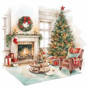 May include: Watercolour illustration of a festive Christmas living room. A decorated Christmas tree stands beside a red armchair with a tartan blanket. A fireplace is decorated with a wreath and garland, and presents are scattered around.