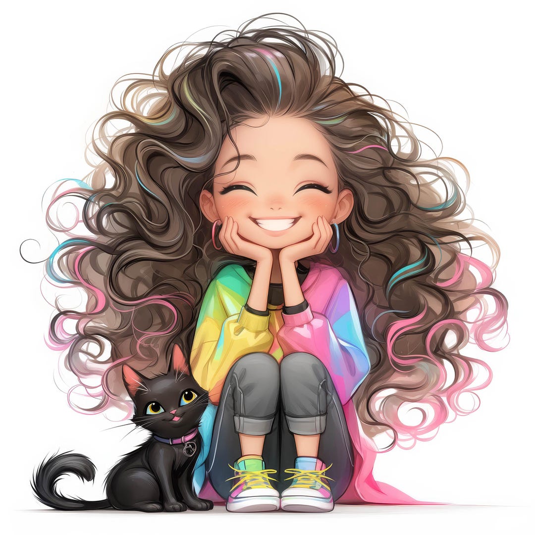 11 Quirky Girl With Black Cat Clipart | Cute Girl and Cat Printable ...
