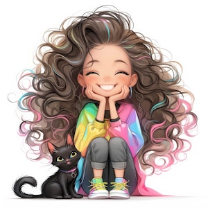 11 Quirky Girl With Black Cat Clipart | Cute Girl And Cat Printable Watercolor | High Quality JPGs | Digital Download | Paper Craft, Journal