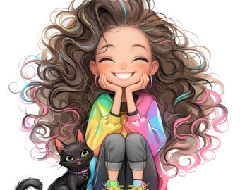 11 Quirky Girl With Black Cat Clipart | Cute Girl And Cat Printable Watercolor | High Quality JPGs | Digital Download | Paper Craft, Journal