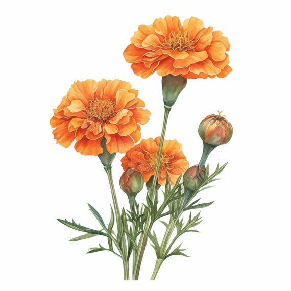 マリーゴールドの花の水彩画クリップアート10点、オレンジ色の庭の花の