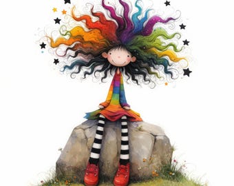 May include: A whimsical illustration of a girl with rainbow hair sitting on a rock. She is wearing a rainbow striped dress and black and white striped tights. Stars are scattered around her head.