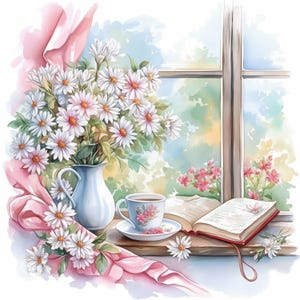 May include: Watercolor illustration of a serene scene featuring a bouquet of white daisies in a blue pitcher, a teacup and saucer, and an open book on a windowsill. A pink curtain and daisies complete the composition.