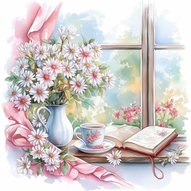 Printable Window Spring Scene 16 Spring Window Clipart Bundle, Watercolor Nature View Illustration ...