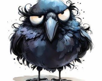 Grumpy Crow Clip Art 10 High Res Watercolor JPGs Junk Journals, Scrapbooking, Card Making, Digital Download, Fantasy, Whimsical, Quirky Bird