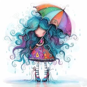 Whimsical Colorful Umbrella Clip Art 14 High Res Watercolor JPGs for Junk Journals, Scrapbook, Card Making, Digital Download, Fantasy, Girl