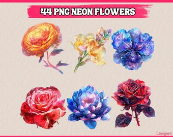 44 PNG Neon Flower with Petal Clipart, Floral Clipart with Vivid Elements, Flower Bundle, Illustration | Instant Download for Commercial Use