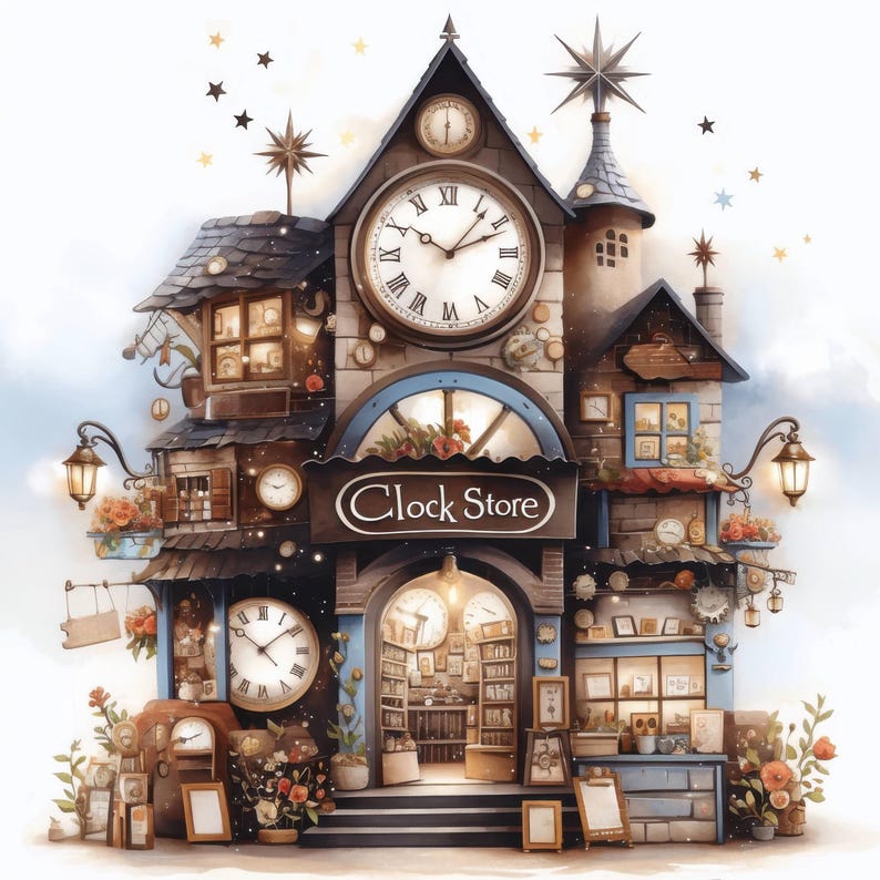 Dreamy Clock Store Clip Art 13 High Res Watercolor Jpgs for Junk ...