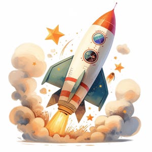 May include: A whimsical illustration of a rocket ship taking off. The rocket is white with red and orange accents, blue fins, and two porthole windows. Yellow stars and clouds surround the rocket, with smoke billowing from the engine.
