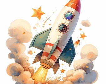 スペースロケット　アクリル画　原画 21個の宇宙ロケットクリップアートセット、楽しい宇宙のイラスト、印刷