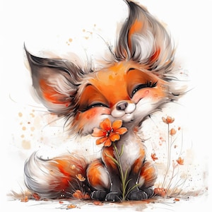 Puede incluir: Ilustración en acuarela de un zorro sonriente sosteniendo una flor naranja. El zorro tiene pelaje naranja y blanco con orejas grandes y expresivas. El fondo es blanco con sutiles salpicaduras de acuarela y pequeñas flores naranjas.