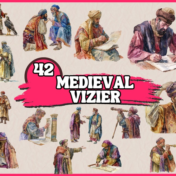 Watercolor Medieval Vizier Clipart Bundle, Fantasy Middle Age Clip Art Set with Noble, Chess, Hat, Dress PNG Graphics, Digital Illustration
