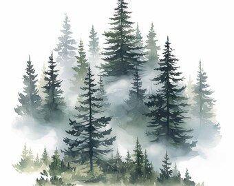 Paquete de 10 imágenes prediseñadas de bosque de pinos brumoso, ilustración de tarjeta de hoja perenne, imágenes prediseñadas de acuarela imprimibles, JPG de alta calidad, manualidades de papel, diarios basura