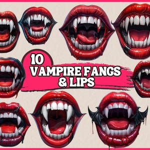 10 cliparts crocs et lèvres de vampire PNG, illustration de dents en sang, conception vampire d'Halloween, lot de vampires, clipart vampire | Utilisation commerciale