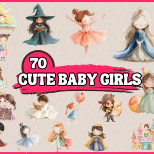 Watercolor Cute Baby Little Girls Clipart Bundle, Nursery Decor Clip Art Set, Baby Shower PNG Graphics, Digital llustration in Pastel Tones