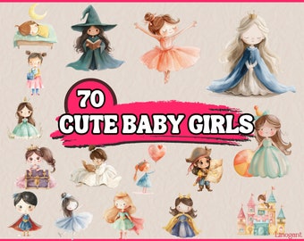 Watercolor Cute Baby Little Girls Clipart Bundle, Nursery Decor Clip Art Set, Baby Shower PNG Graphics, Digital llustration in Pastel Tones