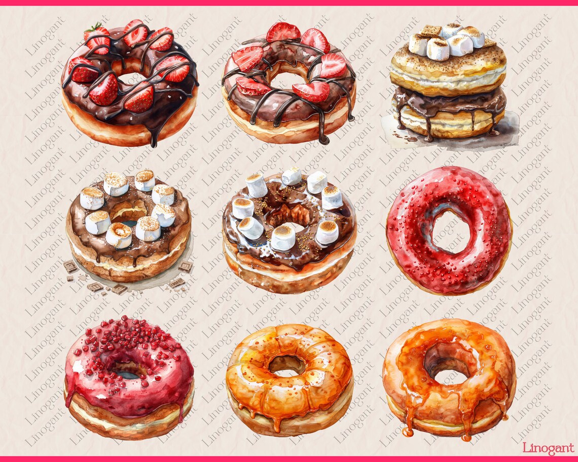 Watercolor Donut Clipart Bundle, Donuts Clip Art Set, Dessert PNG ...