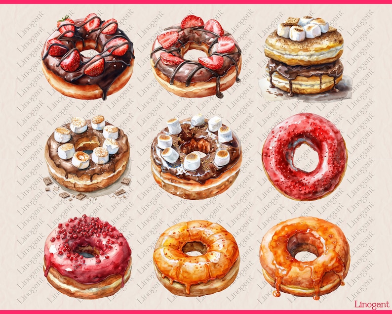 Watercolor Donut Clipart Bundle, Donuts Clip Art Set, Dessert PNG ...