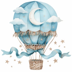 11 Baby Blue Hot Air Balloon Clipart Bundle, Dreamy Nursery Illustration, Printable Watercolor Clipart, High Quality JPG, Junk Journal Paper