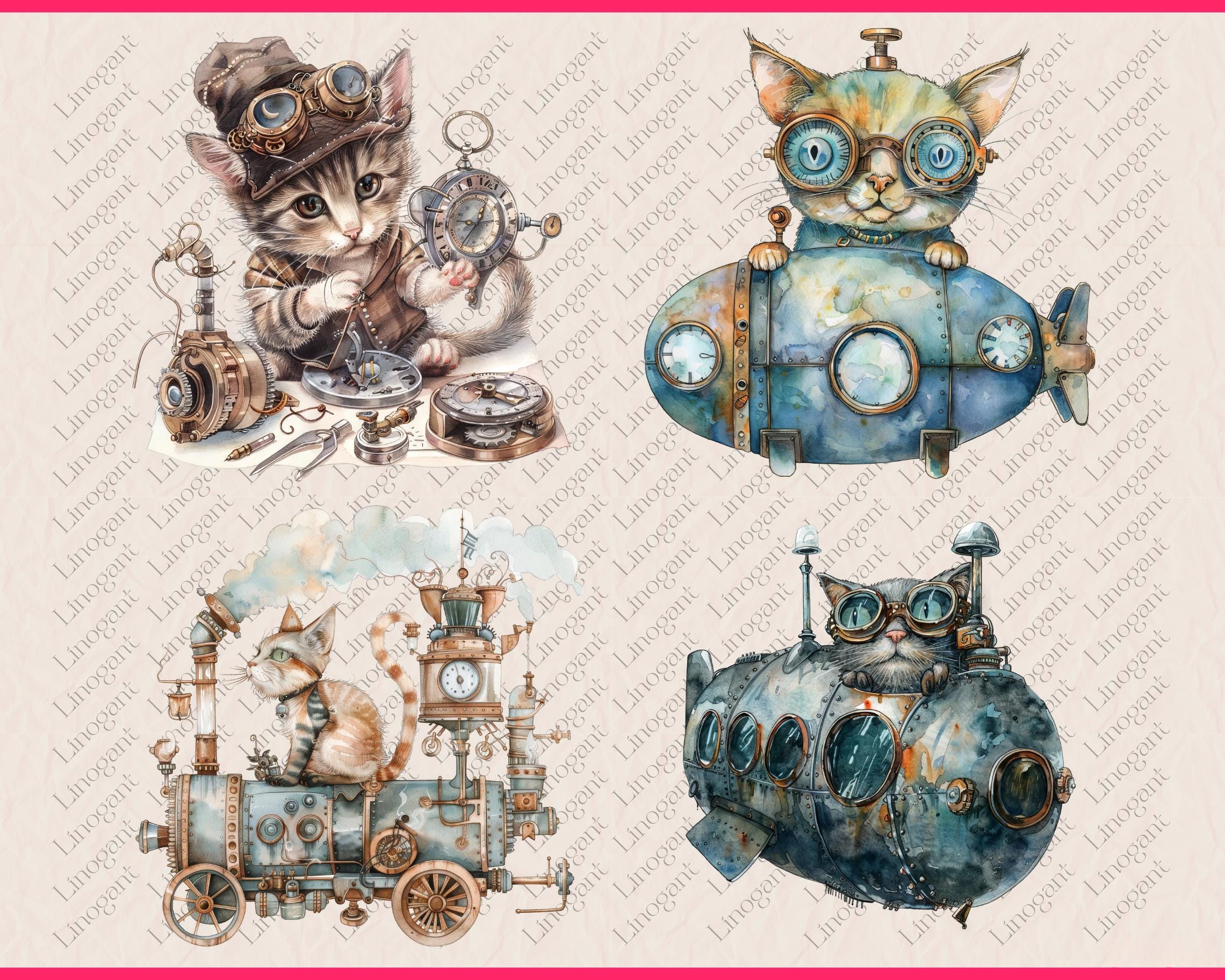 18 PNG Steampunk Cat Clipart, Victorian Cat Clipart, Watercolor Antique ...