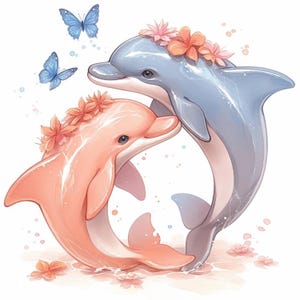 May include: Watercolor illustration of two dolphins, one light blue and the other peach, embracing. Both dolphins wear flower crowns. Two blue butterflies flutter above them. The image has a soft, whimsical feel, with floral accents.