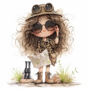 Quirky Safari Girl Clip Art 10 High Res Watercolor JPGs for Junk Journaling, Scrapbooking, Card Making, Digital Download, Fantasy, Travel