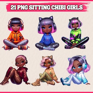 21 PNG Chica Chibi Sentada con Auriculares Clipart, Paquete de Moda Chibi, Clipart de Leggings de Niño Chibi, Ilustración / Descarga para Uso Comercial