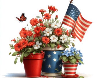 May include: Three red, white, and blue flower pots with red, white, and blue flowers and a small blue butterfly. The pots are decorated with stars and stripes.