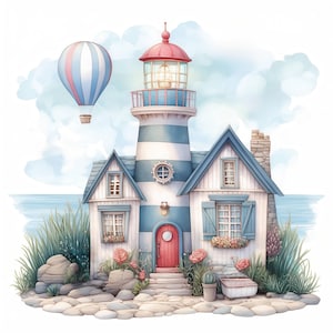 Dreamy Seaside Lighthouse Clip Art 10 High Res Watercolor JPGs Junk Journals, Scrapbook, Card Making, Digital Download, Fantasy, Whimsical