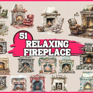 Watercolor Relaxing Stone Fireplaces Clipart | Wood in Flame, Home Decoration, Winter Illustrations | Instant Download for Commercial Use