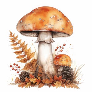 Puede incluir: Ilustración en acuarela de una gran seta naranja con puntos blancos, rodeada de hojas de otoño, bayas y una piña. La obra de arte tiene un tema natural y terroso, perfecto para la decoración otoñal o diseños inspirados en la naturaleza.