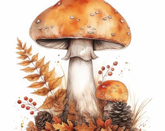 14 Mushroom and Fall Foliage Clipart Bundle, Woodland Harvest Illustration, Printable Watercolor Clipart, High Quality JPG, Paper Craft