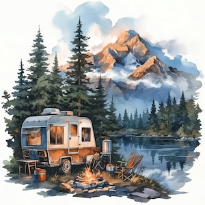 10 Camping Trailer Clipart Bundle, Watercolor Camper Adventure Illustration, Printable Watercolor Clipart, High Quality JPG, Paper Craft