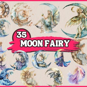Puede incluir: Un conjunto de 35 ilustraciones de acuarela de hadas sentadas en lunas crecientes. Las hadas están representadas con alas, vestidos fluidos y rasgos delicados. Las lunas están pintadas en tonos de azul y gris, con estrellas y otros detalles celestiales.