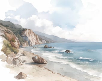 10 Seashore Landscape Clipart Bundle, Pastel Seascape Illustration, Printable Watercolor Clipart, High Quality JPG, Paper Craft,Junk Journal