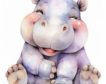 11 Cute Baby Hippo Clipart, Purple Nursery Hippo Illustration, Printable Watercolor Clipart, High Quality JPG, Paper Craft, Junk Journals