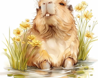 20 Capybara Clipart Bundle, Adorable Rodent Watercolor Illustration, Printable Watercolor Clipart, High Quality JPG, Paper Craft, Journals
