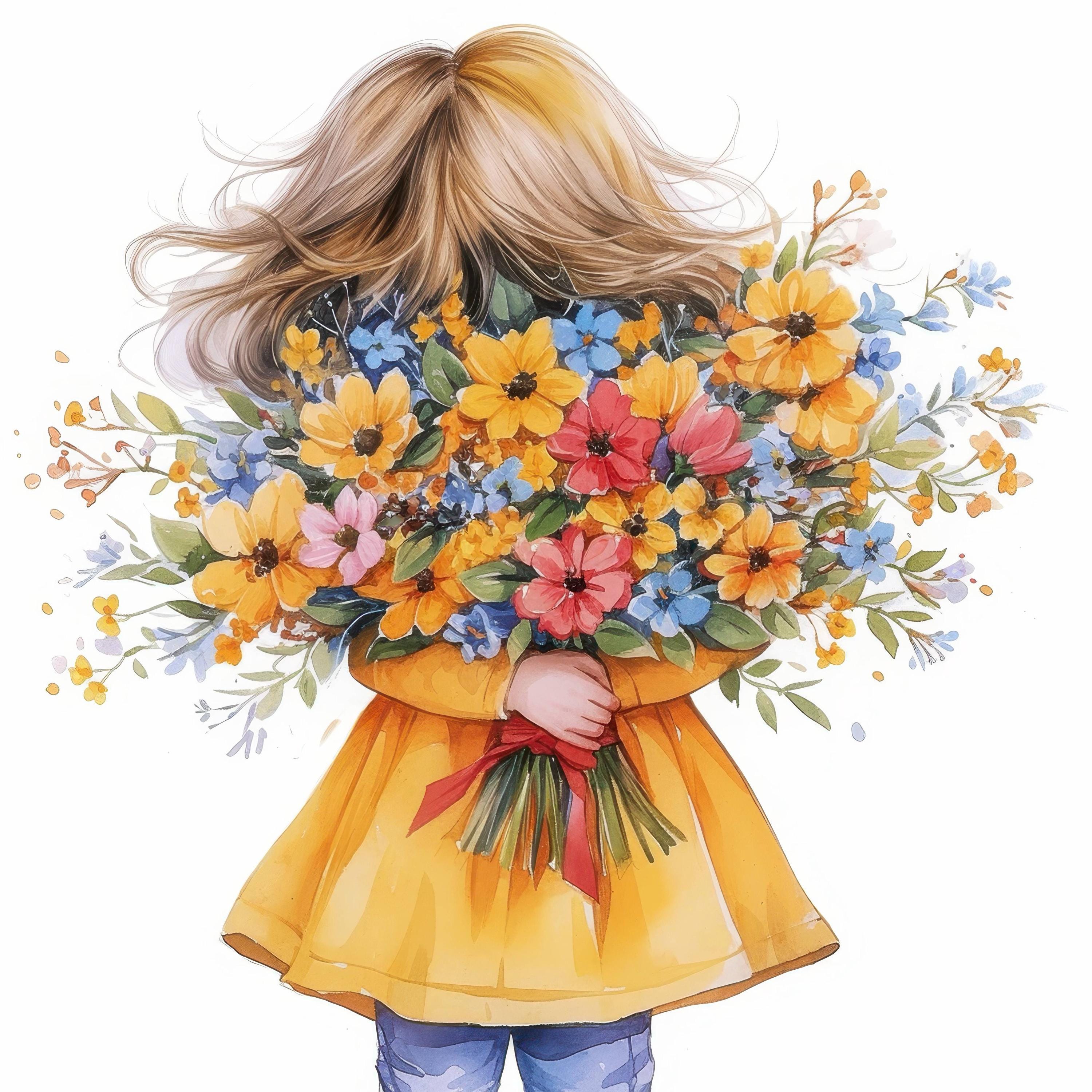 13 花束を持った女の子のクリップアートセット、ロマンチックな肖像画