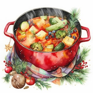 Pode incluir: Ilustração em aquarela de uma panela vermelha fumegante cheia de um ensopado de vegetais colorido. O ensopado inclui brócolis, abobrinha e tofu. A panela é cercada por vegetação festiva, bagas e um lenço decorativo, sugerindo um tema de feriado.