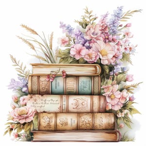 May include: A stack of vintage books with floral arrangements. The books have aged, tan covers and are adorned with decorative details. Soft pink, purple, and green flowers and foliage surround the books, creating a romantic, artistic composition.