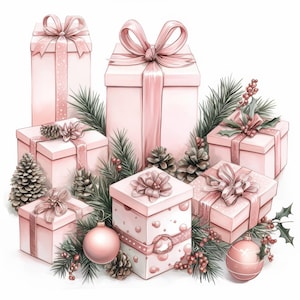 Op de afbeelding: Een illustratie van verschillende roze geschenkdozen van verschillende formaten, versierd met bijpassende linten en strikken. De cadeaus zijn omringd door dennennaalden, dennenappels en roze ornamenten, wat een feestelijk thema creëert.