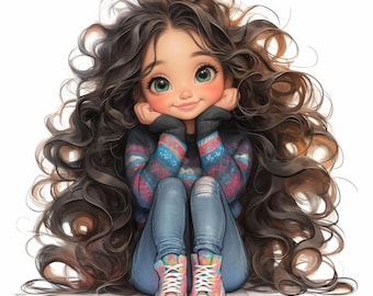 Può includere: Un'illustrazione di un cartone animato di una ragazza con lunghi capelli castani ricci che indossa un maglione a motivi blu e rosa, jeans blu e scarpe da ginnastica bianche. È seduta con le mani sulle guance e guarda in alto.