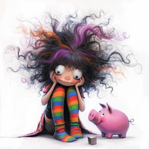 May include: A cartoon girl with purple and orange streaks in her long, curly hair sits with her legs crossed, looking down at a small, white cube. She is wearing a red and black dress and colorful striped socks. A pink piggy bank with a smiling face sits next to her.