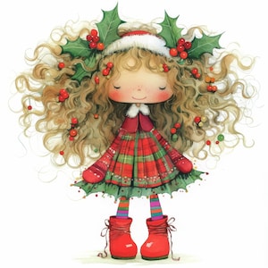 Frazzled Christmas Girl Clip Art 12 High Res Watercolor JPGs Junk Journals, Scrapbooking, Card Making, Digital Download, Fantasy, Whimsical