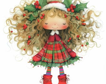May include: A girl doll with long curly blonde hair wearing a red and green plaid dress, a white hat with holly and red berries, and red boots.
