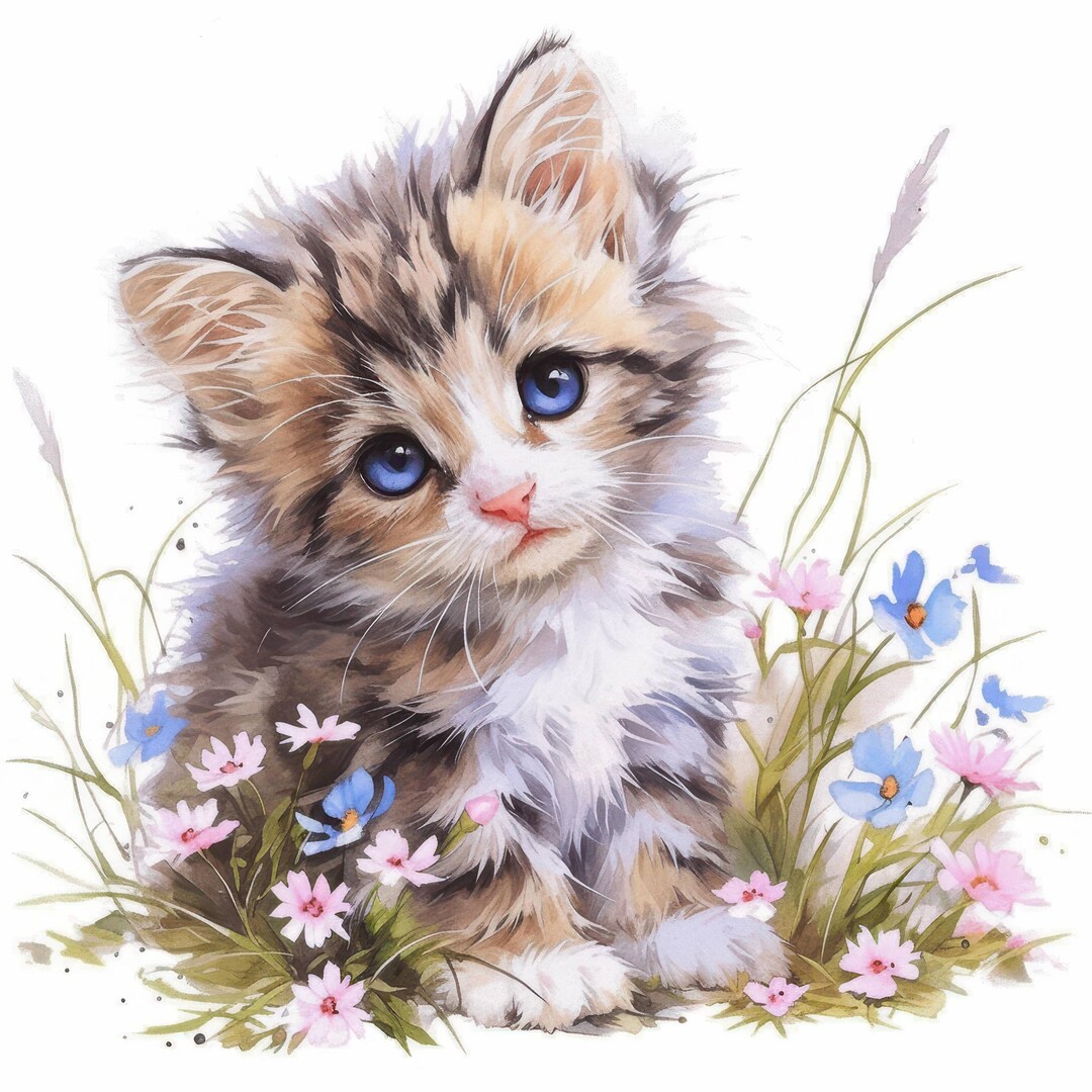 花の中の子猫のクリップアート18点セット、花柄の猫のイラスト、印刷