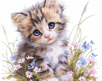 花の中の子猫のクリップアート18点セット、花柄の猫のイラスト、印刷