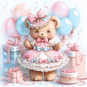 12 Toy Bear Birtday Party Clipart Bundle, Cute Party Illustration, Printable Watercolor Clipart, High Quality JPG, Paper Craft,Junk Journals